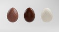 easter chocolate eggs made of three varieties of chocolate isolated on a white background. 3d illustration