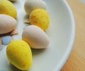 Easter chocolate eggs on white plate. Different colors.