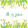 Easter christian card with flowers and text.