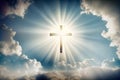 Easter Christian Concept: Jesus Christ Praying Earnestly with Cross, Giving Glory to God towards Bright Light.