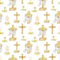 Easter Christian Cross Seamless pattern. Catholic Church floral cross with flowers and eggs fabric design background Royalty Free Stock Photo