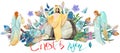 Easter christian illustration: cave, Risen Jesus Christ blesses, angels, flower wreath, lettering `Christ is Risen!` Easter reli Royalty Free Stock Photo