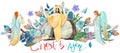 Easter christian illustration: cave, Risen Jesus Christ blesses, angels, flower wreath, lettering `Christ is Risen!` Easter reli