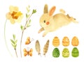 Easter clipart set with cute rabbit. Baby bunny, Easter eggs and feathers and spring flowers.