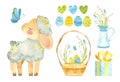 Easter clipart set with cute sheep. Baby lamb, wicker basket with Easter eggs, spring flowers Royalty Free Stock Photo