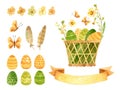 Easter clipart set - wicker basket with Easter eggs, ribbon for text and spring flowers. Royalty Free Stock Photo