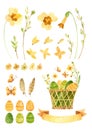 Easter clipart set - wicker basket with Easter eggs, ribbon for text and spring flowers. I Royalty Free Stock Photo