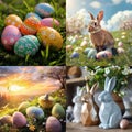 Easter collage with colorful eggs and bunnies in garden Royalty Free Stock Photo