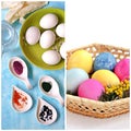 Easter collage: preparation for coloring eggs and multi-colored eggs in a wicker basket. Preparing for Easter concept Royalty Free Stock Photo