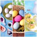 Easter collage: preparation for coloring eggs multi-colored eggs in a wicker basket and stuffed eggs with shrimp. Preparing for Royalty Free Stock Photo