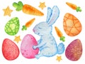 Easter collection of cute drawings with a rabbit, drawn with colored pencils, design elements of postcards, stickers