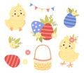 Easter collection. Little cute chickens, basket, decorative eggs, flowers and garland. Isolated holiday symbols on white