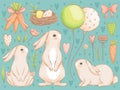 Easter collection. Set with cute rabbits, balls, carrots and colored eggs for Easter design. Imitation of handmade