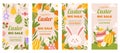 Easter collection of vertical social media template for shopping sale. Design with floral frames, painted eggs, carrot