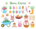 Easter color cartoon flat illustration, object and cute characters set. Vector Illustration for backgrounds, packaging, greeting Royalty Free Stock Photo