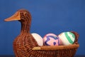 Easter color eggs in the Duck basket. wicker basket of straw. festive meal on a dark wooden table Royalty Free Stock Photo