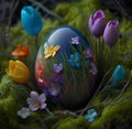 Easter colored decorative egg and spring flowers