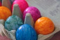 Easter colored eggs in a cardboard box Royalty Free Stock Photo