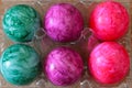 Easter colored eggs in a cardboard box Royalty Free Stock Photo