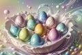 Easter colored eggs with drawings are splashed with paint in large quantities. Royalty Free Stock Photo