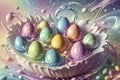 Easter colored eggs with drawings are splashed with paint in large quantities. Royalty Free Stock Photo