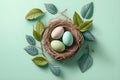 Easter colored eggs in a nest on a turquoise background, Generative AI 1