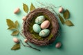 Easter colored eggs in a nest on a turquoise background, Generative AI