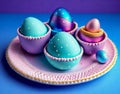 Easter. Colored eggs on the pink plate on a blue background. Close up