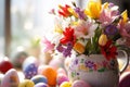 Easter colored eggs with spring flowers generative ai Royalty Free Stock Photo