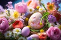 Easter colored eggs with spring flowers generative ai Royalty Free Stock Photo