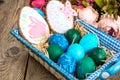 Easter colored eggs, straw, flowers