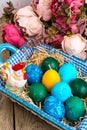 Easter colored eggs, straw, flowers