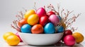 Easter colored eggs in white ceramic bowl on the table, The branches of the tree are nearby Royalty Free Stock Photo