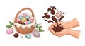 Easter A colorful Easter basket filled with decorated eggs and chocolate treats in a creative illustration Royalty Free Stock Photo