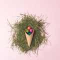 Easter colorful eggs in brown cornet on grass