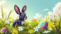 Easter colorful eggs and cute little fluffy black rabbit on among with green grass and spring flowers against blue sky Royalty Free Stock Photo