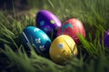 Easter colorful eggs in the grass. AI generative illustration Royalty Free Stock Photo