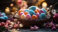 Easter colorful eggs in a nest among flowering twigs. Happy Easter. Decorating eggs