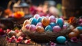 Easter colorful eggs in a nest among flowering twigs. Happy Easter. Decorating eggs