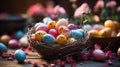 Easter colorful eggs in a nest among flowering twigs. Happy Easter. Decorating eggs