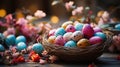 Easter colorful eggs in a nest among flowering twigs. Happy Easter. Decorating eggs