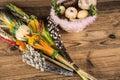 Easter. Colorful palms and base. Foods for Easter candles. Eggs and basket. Easter cake Royalty Free Stock Photo