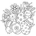 Easter Coloring pages with rabbits, eggs, and flowers.