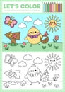 Easter coloring page for children with cute kawaii chick going on egg hunt. Vector spring holiday outline illustration. Color book Royalty Free Stock Photo