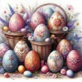 Easter coloured background with Easter eggs and spring flowers Royalty Free Stock Photo