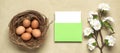 Easter composition banner. Brown eggs in the nest, cherry blossom branch artificial and mockup blank greeting card in an envelope