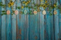The border consists of Forsythia branches and cookies in the form of Easter eggs on a blue wooden background. Royalty Free Stock Photo