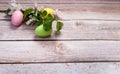 A branch of a blooming apple tree and colorful eggs close-up on a wooden background. Royalty Free Stock Photo