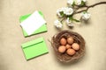 Easter composition. Brown eggs in the nest, cherry blossom branch artificial and mockup blank greeting card in an envelope.