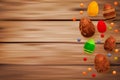 Easter composition with chocolate eggs on wooden background, space for text. 3d render realistic vector illustration.